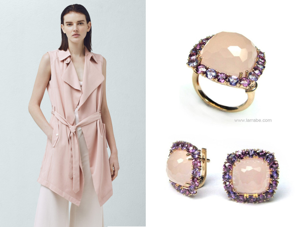 Look Mando. Sortija y pendientes de oro rosa y cuarzo rosa.