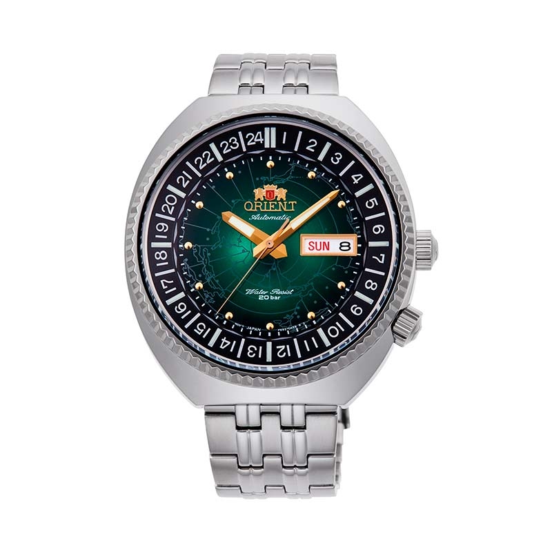 Imagen frontal del reloj Orient World Map Revival Green RA-AA0E02E19B